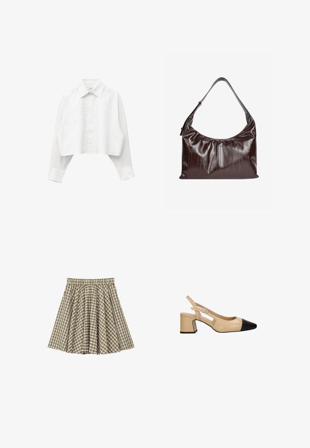 Wit cropped overhemd met lange mouwen, knopen, kraag en met knopen afgewerkte manchetten, getoond op een witte achtergrond.; Plissé rok met elastische tailleband in beige, wit en bruin geruit patroon, plat weergegeven op een witte achtergrond.; Beige slingback hak met een zwarte lakleder teenkap, vierkante blokhak en een verstelbare band met gesp. Gladde textuur overal.; Donkerbruine leren schoudertas met verstelbare riem, subtiele verticale stiksels en een lichte glans.