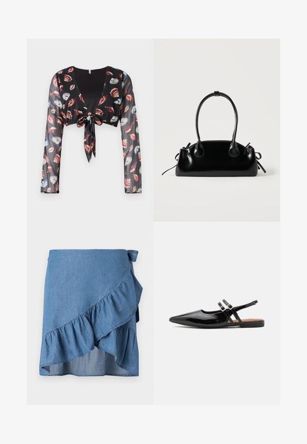 Haut transparent noir cropped avec des manches longues, présentant une fermeture à nouer à l'avant et des motifs de coquillages colorés en rouge, bleu et crème.; Jupe portefeuille en denim bleu clair, avec un ourlet à volants et un détail à nouer à la taille. Texture lisse et silhouette fluide.; Des chaussures slingbacks en cuir verni noir présentent un bout pointu, deux sangles avec des accents de boucle, et une semelle plate.; Petit sac à main noir brillant avec deux longues anses et des détails à cordon sur les côtés sur un fond clair uni.