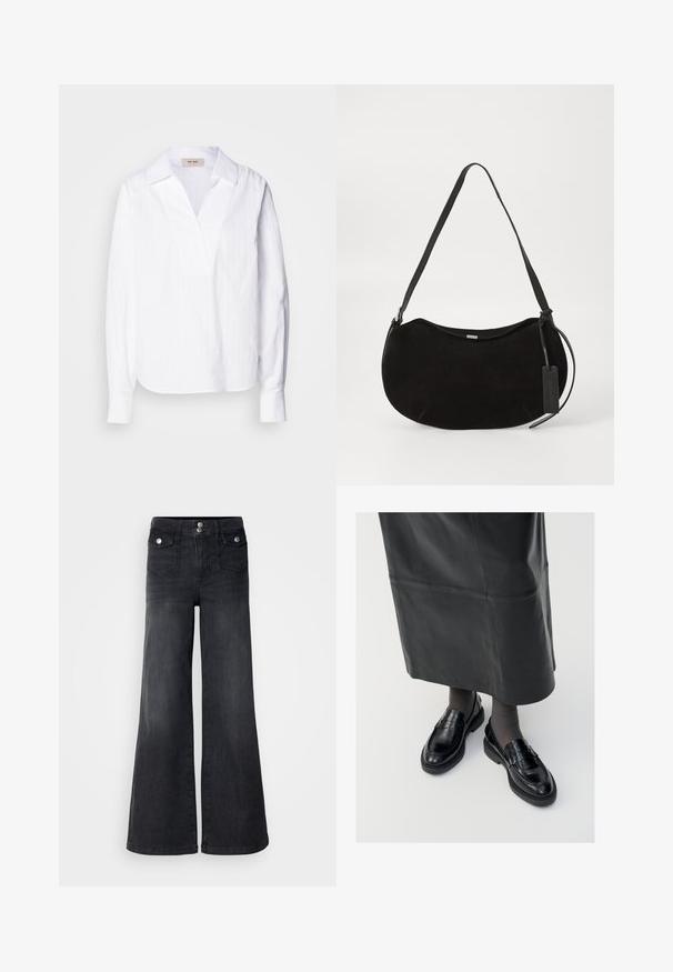 Hvid langærmet skjorte lavet af letvægts tekstureret stof, med V-hals, oversize krave og subtile lodrette striber.; Sorte denim brede ben jeans med høj talje, forknapper og to forlommer; glat tekstur med en let falmet finish.; Sorte læder loafers med en glat finish, prydet med en dekorativ rem, rund tå og tekstureret sål. Båret med en lang sort læderskirt.; Sort ruskind skuldertaske med en buet form, justerbar rem og et lædermærke hængende fra den ene side.