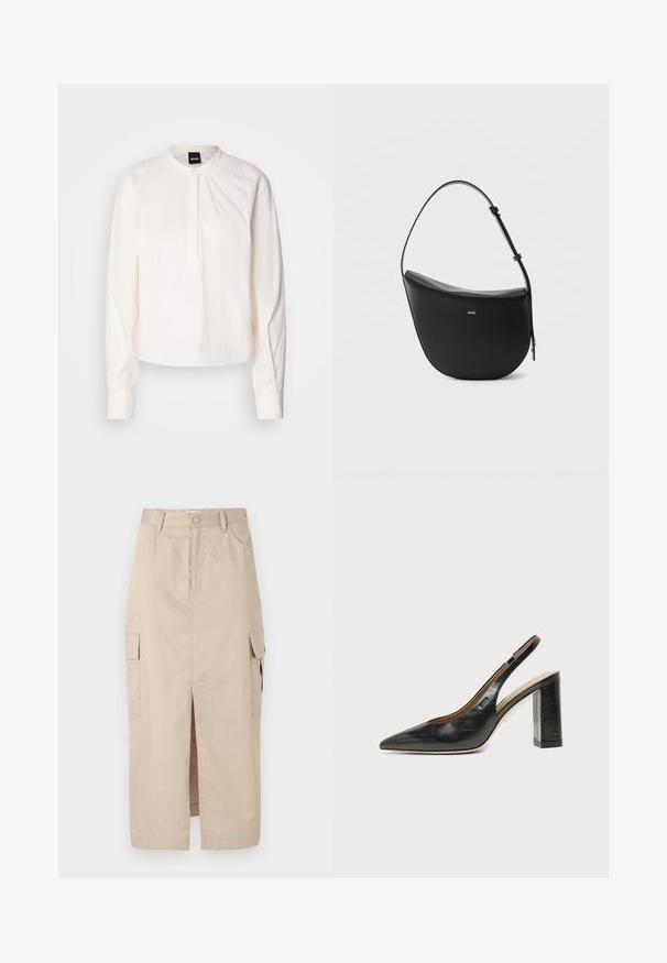 Blouse blanche à manches longues avec un col rond et une patte de boutonnage, présentant des rayures verticales subtiles, affichée sur un fond uni.; Jupe cargo beige en coton, dotée d'une fente devant, de poches plaquées sur les côtés et d'une fermeture à bouton à la taille. Texture lisse sur l'ensemble.; Chaussure slingback en cuir noir à bout pointu avec un talon bloc haut et une doublure intérieure beige sur un fond clair uni.; Sac à bandoulière en cuir noir en forme de demi-lune avec une bandoulière réglable et le logo doré « BOSS » centré sur le devant.