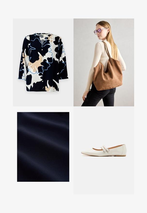 Bluse med blomstermønster i mørk navy, med beige og lyseblå accenter, knapfront og 3/4 ærmer.; Mørk navyblåt glat stof med bløde folder og subtil tekstur, der antyder et let og fint materiale.; Hvide patentlæder flade sko med spids tå, to dekorative stropper med sølvspænder og en diskret brun sål.; Brun ruskind tote taske med blød tekstur, stor åbning og lange stropper. Har et enkelt design med synlige syninger og ingen hardware.