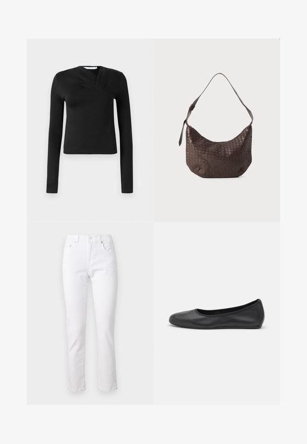 Sort langærmet top med en omslagsdesign, lavet af glat stof. Har en cropped længde og en V-formet udskæring. Ingen mønstre eller accenter.; Hvide denimjeans med lige ben, fem-lomme design og metalknaplukning, der har en glat tekstur og minimal syning.; Sort læderballetsko med rund tå, glat tekstur, minimal syning og et fleksibelt såldesign.; Brun vævet læder skuldertaske med en buet silhuet, justerbar rem og lynlåslukning. Har struktureret overflade og blød finish.