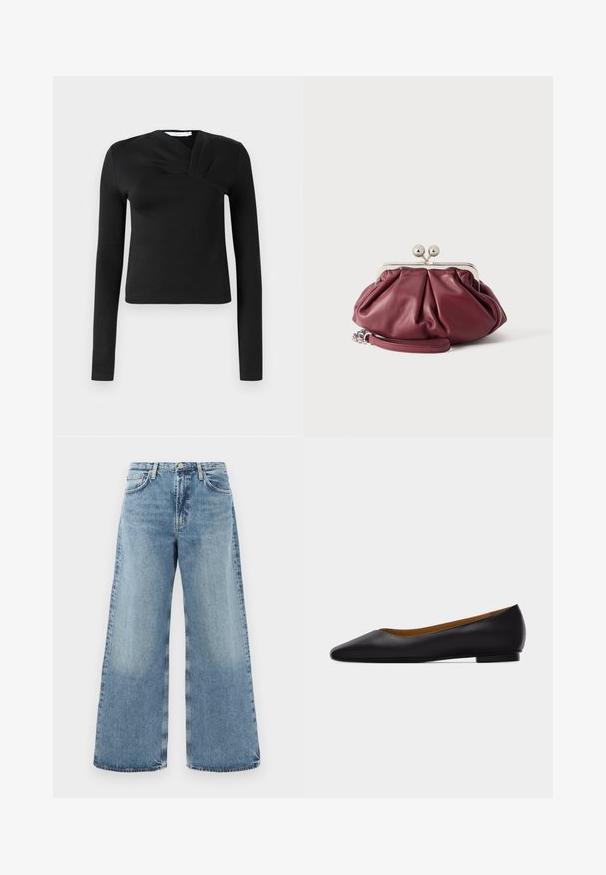 Sort langærmet top med en omslagsdesign, lavet af glat stof. Har en cropped længde og en V-formet udskæring. Ingen mønstre eller accenter.; Lysblå denimwide-leg jeans med høj talje, traditionelt fem-lomme design, synlige sømme og en rå kant.; Sort læder flad sko med spids tå, lav hæl og glat finish, vist fra siden på en lysegrå baggrund.; Lille bordeaux rød læder clutch-pung med sølv metal lukning og håndledsrem på hvid baggrund.