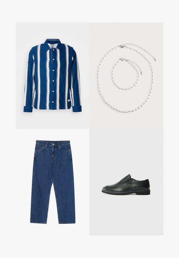 Blå og hvide skjorter med lodrette striber, lavet af bomuld, med krave, lange ærmer og et mærke ved kanten.; Mørkeblå denim jeans med lige ben, forlommer og en knaplukning med kontraststing hele vejen.; Sorte læder slip-on sko med en glat overdel, syede detaljer, rund tå og en lav gummihæl. Sålen har minimal profil.; Perle halskæde og matchende armbånd med sølv kæde låse arrangeret på en hvid baggrund.