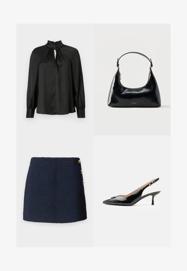 Zwarte blouse van glad, lichtgewicht materiaal met een hoge hals, een keyhole-voorkant en lange, gebochelde mouwen met getailleerde manchetten.; Donkerblauwe textuur mini-jurk met drie decoratieve gouden knopen aan de zijkant.; Zwarte lakleren slingback hak met spitse neus, kleine kittenhak en zilveren gespsluiting op een effen witte achtergrond.; Zwarte glanzende Calvin Klein handtas met gouden rits en korte band tegen een effen witte achtergrond.