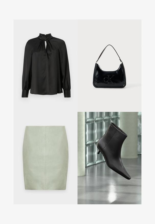 Blouse noire en tissu lisse et léger avec un col haut, un décolleté en trou de serrure à l'avant et de longues manches bouffantes avec des poignets ajustés.; Mini jupe en cuir vert menthe à coupe slim, avec un design épuré et une couture centrale au dos. Texture lisse, sans accessoires visibles.; Bottine en cuir noir avec bout pointu et petit talon, présentée devant un mur en blocs de verre et un sol poli.; Sac à main en cuir verni noir avec une anse incurvée, fermeture éclair et logo "cK" embossé sur le devant. Texture lisse, forme structurée.