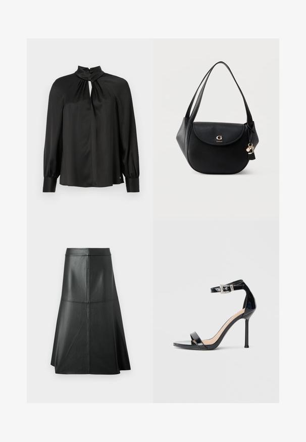 Zwarte blouse van glad, lichtgewicht materiaal met een hoge hals, een keyhole-voorkant en lange, gebochelde mouwen met getailleerde manchetten.; Zwarte leren A-lijn rok, met een gladde textuur, tot halverwege de kuit, met horizontale stikdetails in de taille en naden voor extra structuur.; Zwarte sandalen met hoge hak van lakleer en een enkelriempje. Heeft een minimalistisch ontwerp, open teen en een gesp met strass-steentjes.; Zwarte leren schoudertas met gebogen klep, gouden "G GUESS"-logo, dubbele banden en hangende sleutelhangerbedels op een effen achtergrond.