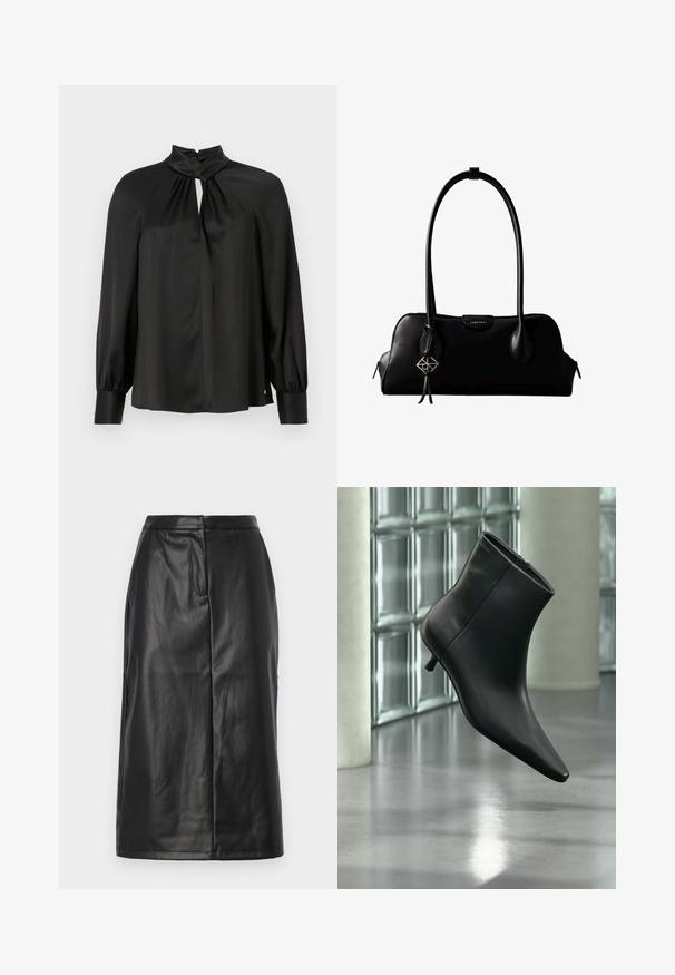 Blouse noire en tissu lisse et léger avec un col haut, un décolleté en trou de serrure à l'avant et de longues manches bouffantes avec des poignets ajustés.; Jupe en cuir noir avec une silhouette ajustée, présentant une texture lisse, un design mi-long et des détails de coutures subtils. Pas d'accents en métal.; Bottine en cuir noir à bout pointu et petit talon kitten, présentée en angle devant un sol poli et un mur en blocs de verre.; Sac à main en cuir noir Calvin Klein avec de longues anses, une étiquette logo à l'avant et un charme géométrique argenté suspendu à une anse.