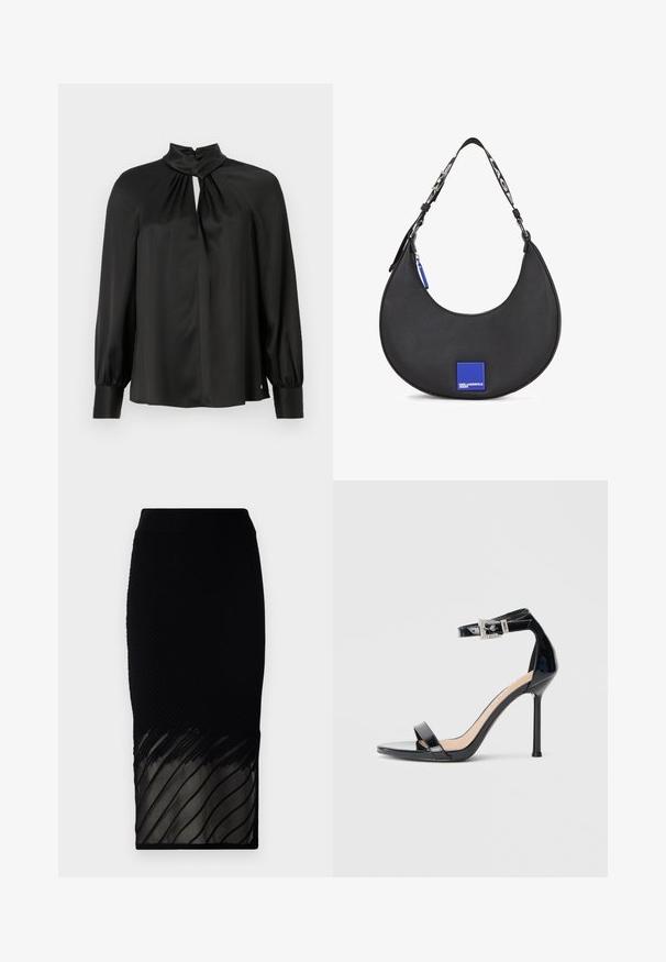 Schwarze Bluse aus leichtem, glattem Stoff, mit hochgeschlossenem Design, Schlüsselöffnung vorne und langen, gepufften Ärmeln mit eng anliegenden Manschetten.; Schwarze Rock mit gerippter Textur, der einen transparenten unteren Teil mit horizontalen Streifen hat. Das Design sitzt figurbetont und reicht bis zur Mitte der Wade.; Schwarzer Riemchensandale aus Lackleder mit hohem Absatz und Knöchelriemen. Verfügt über ein minimalistisches Design, offene Zehenpartie und eine Schnalle mit Strassakzenten.; Schwarze Leder-Schultertasche mit geschwungenem Silhouette, versehen mit einem blauen quadratischen Logoakzent und einem kontrastierenden Riemen mit Text.