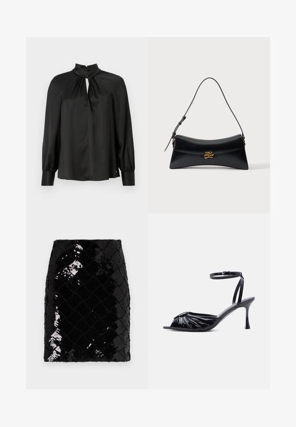 Zwarte blouse van glad, lichtgewicht materiaal met een hoge hals, een keyhole-voorkant en lange, gebochelde mouwen met getailleerde manchetten.; Zwarte pailletten minirok met een diamantenpatroon, met een gestructureerd oppervlak en een getailleerde silhoeët. Eenvoudige tailleband bovenaan.; Zwarte sandaal met hoge hak van lakleer, open teen, gerimpeld voorkantontwerp en verstelbare enkelband met gesp.; Zwarte leren handtas met gebogen trapeziumvorm, bovenhandvat en gouden decoratieve gesp op de voorflap tegen een witte achtergrond.