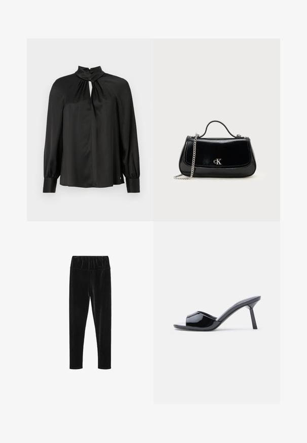 Must mustriga, kerge kanga, kõrge kaeluse, võtmeaugu esiosa ning pikkade, puhvidega varrukatega, kitsaste mansettidega.; Mustmust mustreleggings, millel on elastne vöökoht ja sile, läikiv tekstuur. Kitsas lõige, millel on kitsenev jala disain.; Mustad lakknahast avatud varbaga kontsaga sandaalid, mis on varustatud kaardus pealse disaini ja kitseneva tikk-kontsaga. Sile, läikiv viimistlus.; Must nagu nahast käekott ahela rihmaga, struktureeritud kuju ja hõbedane logosildiga. Sile tekstuur ning klapiga sulgemine.