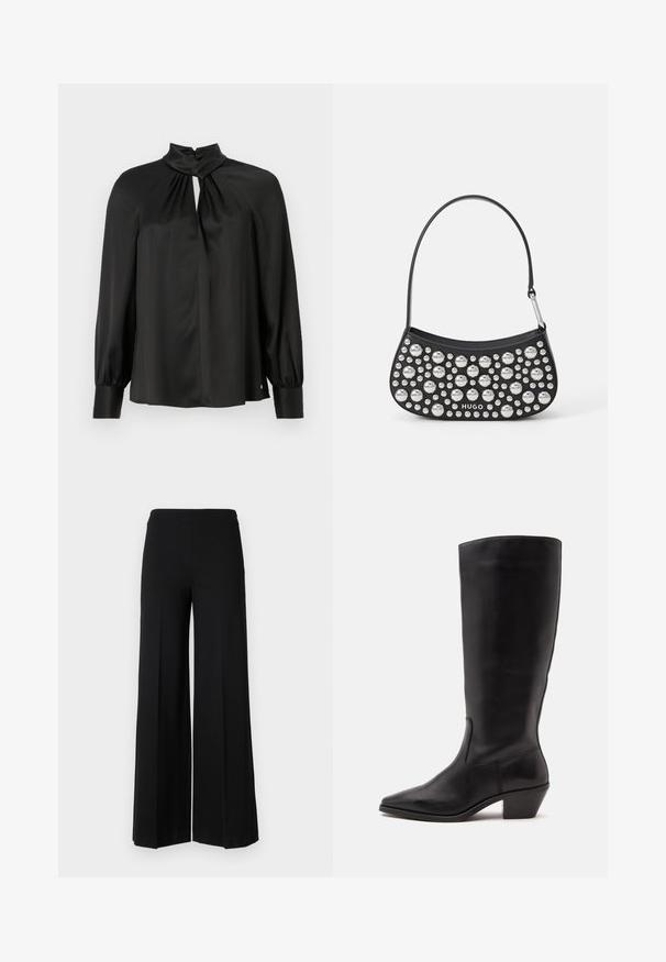 Blouse noire en tissu lisse et léger avec un col haut, un décolleté en trou de serrure à l'avant et de longues manches bouffantes avec des poignets ajustés.; Pantalons larges noirs avec une texture lisse, présentant une taille haute et sans fermetures visibles. Design simple et épuré.; Botte en cuir noire mi-mollet avec un bout pointu et un talon bas incliné sur un fond clair uni.; Sac à main en cuir noir, de forme courbée, orné de clous en argent de tailles variées et doté d'une courte bandoulière. Logo "HUGO" imprimé à l'avant.