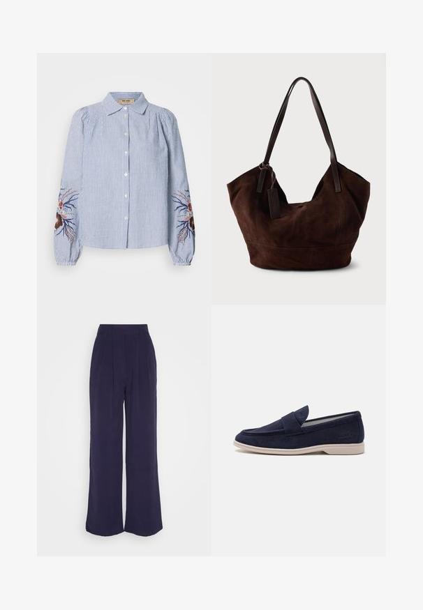 Camisa de botones a rayas en azul y blanco con mangas largas, que presenta bordados de flores y enredaderas en las mangas. Tejido de algodón, ajuste relajado.; Anna Field by Zalando Pantalones - dark blue; Mocasines de ante azul marino con punta redondeada y detalles de costura. Presentan una lengua acolchada y una suela de goma beige claro para mayor comodidad.; Bolso de ante marrón con una forma suave y caída. Presenta asas de cuero y un acento de etiqueta. Textura lisa con costuras curvas.