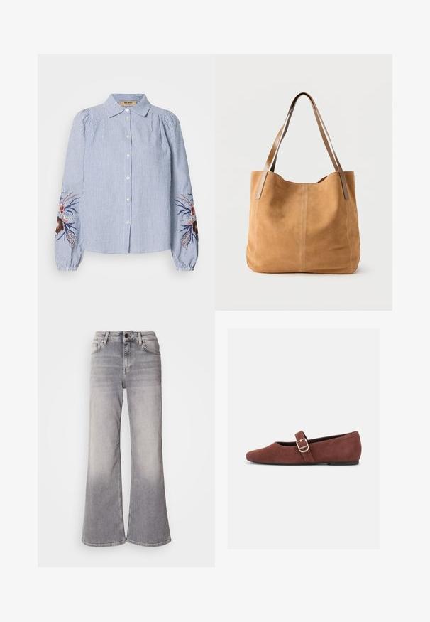 Gestreepte blauwe en witte button-up blouse met lange mouwen, voorzien van borduursels van bloemen en takken op de mouwen. Katoenen stof, ontspannen pasvorm.; Mos Mosh HERA - Flared Jeans - grey; Bruine suède Mary Jane platte schoen met een gouden gespsluiting en zwarte zool op een witte achtergrond.; Beige suède totebag met lange lichtbruine leren hengsels, zachte textuur en eenvoudige stiksels op een effen witte achtergrond.