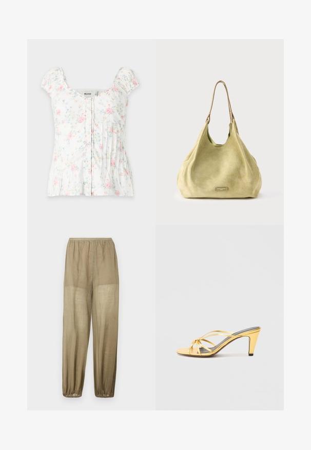 Blouse blanche à manches courtes avec motif floral rose et bleu, fermeture boutonnée devant, encolure carrée et détails plissés sur fond blanc.; Pantalon en lin beige léger et ample avec une taille élastique et des poignets élastiques aux chevilles.; Sandale métallisée jaune à talon haut, avec des brides croisées, bout ouvert et talon effilé. Semelle texturée en gris.; Sac à main en daim vert clair, présentant une texture douce, une forme arrondie et une bandoulière en cuir avec un subtil accent métallique du logo.