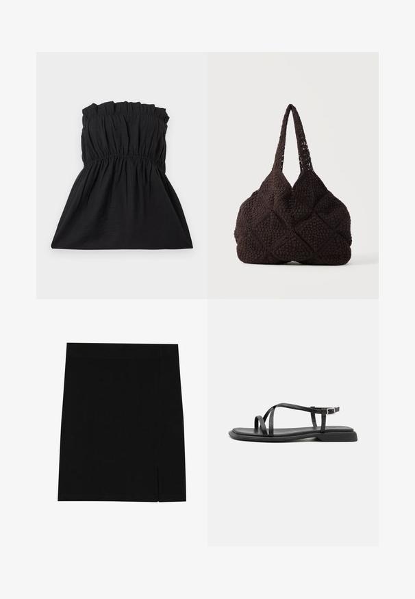 Robe noire sans bretelles avec un corsage élastiqué et une texture froncée, se déversant dans une coupe ample. Fabriquée en tissu léger et doux.; Mini-jupe noire en tissu doux avec une coupe ajustée, présentant une légère fente sur le côté pour plus de style.; Sandales plates noires avec de fines brides réglables, un entre-doigt rectangulaire et une finition mate texturée. Elles présentent un talon bas légèrement carré.; Sac cabas noir au crochet avec motifs carrés texturés et deux bretelles, posé sur un fond uni.