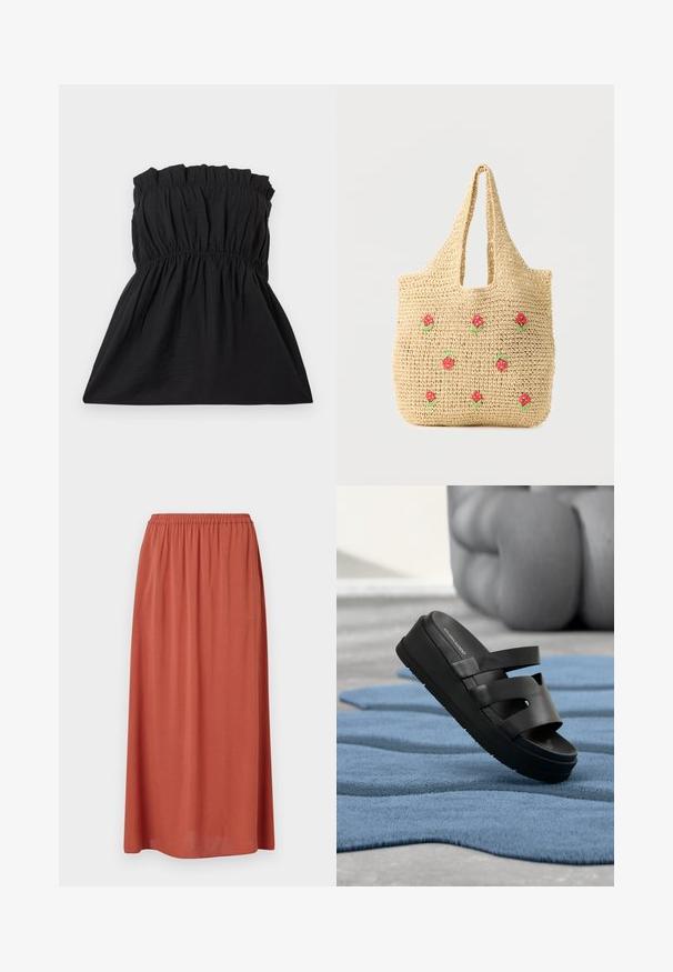 Vestido negro sin tirantes con un corpiño elástico y textura fruncida, que fluye en un corte holgado. Fabricado con un tejido ligero y suave.; Falda de color óxido, de longitud media, con una cintura elástica y un tejido suave que drapea para mayor comodidad. Sin patrones ni acentos visibles.; Sandalia diapositiva negra de plataforma con tres tiras, descansando sobre una alfombra azul de textura ondulada, en interiores cerca de un sofá redondeado y desenfocado.; Bolso tote tejido en beige con asas cortas, decorado con pequeñas flores bordadas en rojo y verde, espaciadas a lo largo del frente.