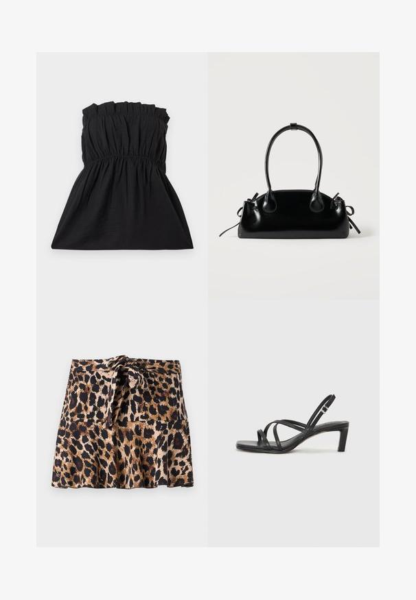 Μαύρο strapless φόρεμα με ελαστική καπνοσατέν και gathered υφή, που ρέει σε απαλή γραμμή. Φτιαγμένο από ελαφρύ, μαλακό ύφασμα.; Μίνι φούστα με λεοπάρ μοτίβο, φτιαγμένη από μαλακό ύφασμα, με φαρδύ σχέδιο, δεμένη μέση και αντίθετους μαύρους και καφέ λεκέδες σε μπεζ φόντο.; Μαύρη σανδάλι με λουράκια και τετράγωνη μύτη, καθώς και χαμηλό μπλοκ τακούνι. Διαθέτει πολλαπλά λεπτά λουράκια και ρυθμιζόμενο λουράκι στον αστράγαλο. Κατασκευασμένο από λείο δέρμα.; Μικρή μαύρη γυαλιστερή τσάντα με δύο μακριές λαβές και λεπτομέρειες με ρυθμιζόμενο κορδόνι στο πλάι σε απλό ανοιχτό φόντο.