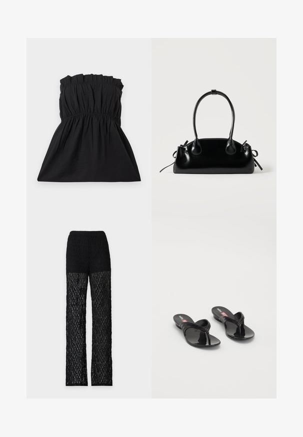 Vestido negro sin tirantes con un corpiño elástico y textura fruncida, que fluye en un corte holgado. Fabricado con un tejido ligero y suave.; Pantalones largos de encaje negro con cintura sólida y piernas parcialmente transparentes sobre un fondo claro y simple.; Melissa QUANTUM THONG X DIESEL - Sandalias de dedo - black; Pequeño bolso negro brillante con dos asas largas y detalles de cordón lateral sobre un fondo claro liso.