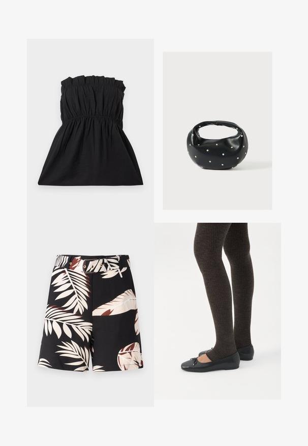 Μαύρο strapless φόρεμα με ελαστική καπνοσατέν και gathered υφή, που ρέει σε απαλή γραμμή. Φτιαγμένο από ελαφρύ, μαλακό ύφασμα.; Μαύρο σορτσάκι με τροπικό σχέδιο φύλλου σε μπεζ και οξειδωμένα χρώματα. Διαθέτει αντίστοιχο ζωνάκι με χρυσά αξεσουάρ και κλασική γραμμή.; Πόδια με σκουρόχρωμα ριμπ κολάν συνδυασμένα με μαύρα μπαλαρίνα παπούτσια με μικρές λεπτομέρειες φιόγκων σε λευκό φόντο.; Μαύρη δερμάτινη τσάντα χειρός με στρογγυλεμένο σχήμα, διακοσμημένη με ασημένιες λεπτομέρειες με καρφιά και κοντή λαβή. Λείο υλικό και κλείσιμο με φερμουάρ.