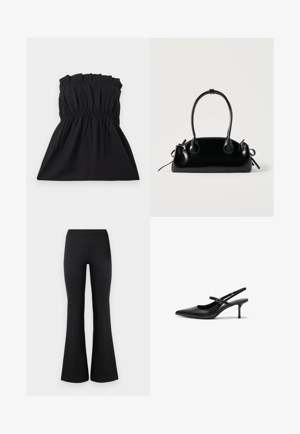 Μαύρο strapless φόρεμα με ελαστική καπνοσατέν και gathered υφή, που ρέει σε απαλή γραμμή. Φτιαγμένο από ελαφρύ, μαλακό ύφασμα.; Μαύροι καμπάνα παντελόνια φτιαγμένα από ένα λείο, ελαστικό ύφασμα. Διαθέτουν ψηλή μέση και καμπάνες στις άκρες για μια στενή εμφάνιση. Απλός σχεδιασμός.; Μαύρες δερμάτινες γόβες slingback με λεπτή μύτη, λεπτή ρυθμιζόμενη λουρί και περίπου 5 εκ. τακούνι στιλέτο, απαλή υφή.; Μικρή μαύρη γυαλιστερή τσάντα με δύο μακριές λαβές και λεπτομέρειες με ρυθμιζόμενο κορδόνι στο πλάι σε απλό ανοιχτό φόντο.