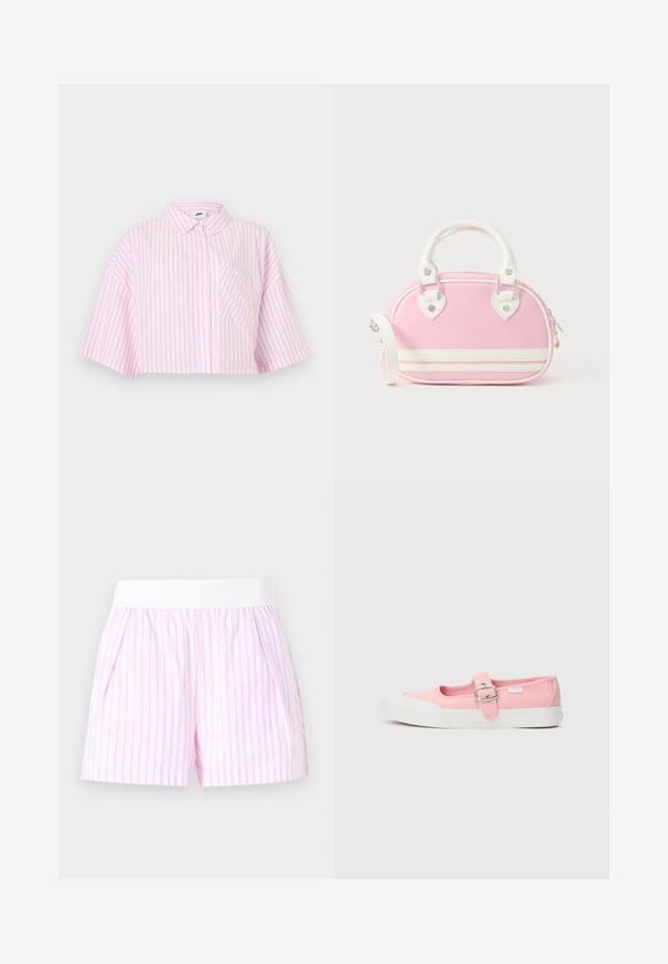 Camisa corta abotonada con cuello, mangas cortas y anchas, un bolsillo en el pecho, tela blanca con rayas verticales rosas.; Pantalones cortos a rayas blancas y rosas con una ancha cinturilla elástica blanca y bolsillos laterales sobre un fondo liso.; Zapatilla de lona rosa con suela plana, que presenta una correa y hebilla en la parte media del pie. Suela de goma blanca con un diseño limpio y simple.; Bolso rosa con detalles en blanco, forma redondeada, asas superiores, correa de hombro removible y detalles de herrajes en forma de corazón. Cierre con cremallera.