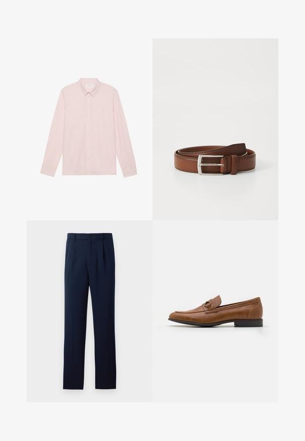Chemise à manches longues boutonnière rose clair avec un col pointu, fabriquée en tissu lisse, dotée d'une fermeture à boutons sur le devant et d'un design minimaliste.; Pantalons bleu marine en tissu lisse, dotés d'une fermeture à un bouton, de plis et de jambes droites. Design minimaliste sans motifs notables.; Mocassins en cuir marron avec un talon plat, ornés d'un accent métallique décoratif à l'avant, au design épuré et à la texture lisse.; Ceinture en cuir brun au fini lisse, avec une boucle en métal argenté et une couture subtile le long des bords. Design classique et durable.