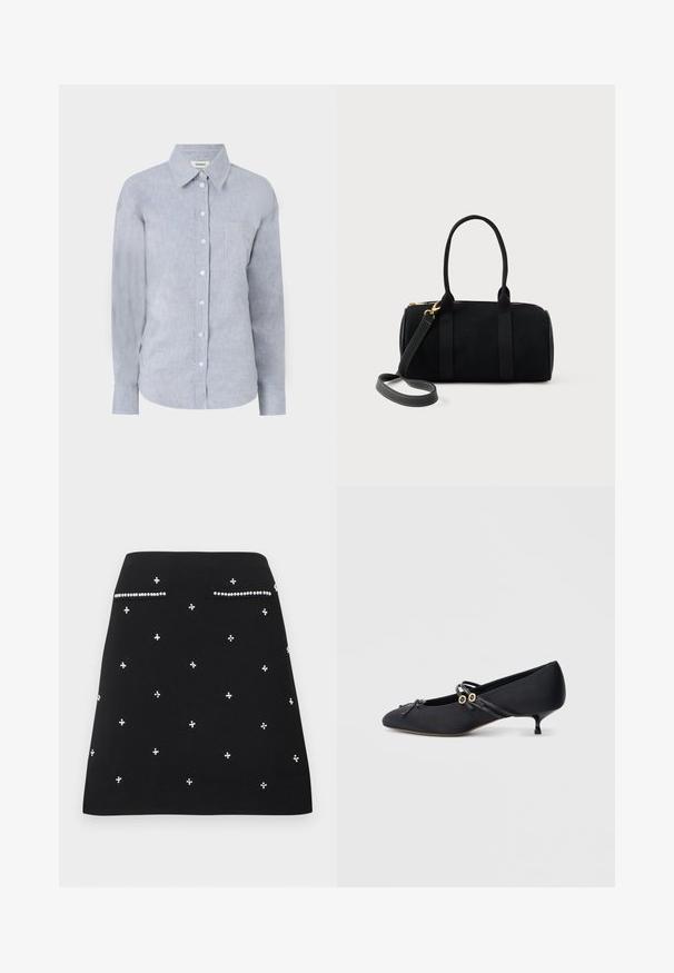 Chemise bouton-uppée bleu clair en tissu texturé, dotée d'un col classique, de manches longues et d'une poche poitrine unique.; Jupe noire trapèze ornée de petites perles blanches et deux fausses poches avant soulignées de perles.; Chaussures en satin noir à talons bas avec un bout pointu, ornées d'un nœud décoratif et de fines brides en cuir avec des accents dorés.; Sac à main cylindrique noir avec doubles poignées et une bandoulière amovible, dotée de quincaillerie dorée et d'une fermeture éclair sur le dessus.