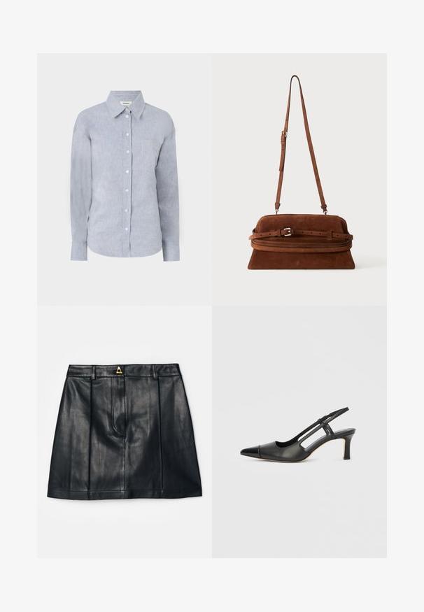 Hellblaues Hemd mit Knopfleiste aus strukturiertem Stoff, mit klassischem Kragen, langen Ärmeln und einer einzelnen Brusttasche.; AERON RUDENS SKIRT - A-Linien-Rock - black; Schwarzer Slingback-Schuh aus Leder mit spitz zulaufender Zehenpartie, versehen mit glänzendem Akzent auf der Vorderkappe und mittelhohem Absatz. Offenes Seitendesign.; Braune Wildleder-Umhängetasche mit langem, verstellbarem Riemen und Schnallendetail auf der Vorderseite, vor einem schlichten Hintergrund präsentiert.