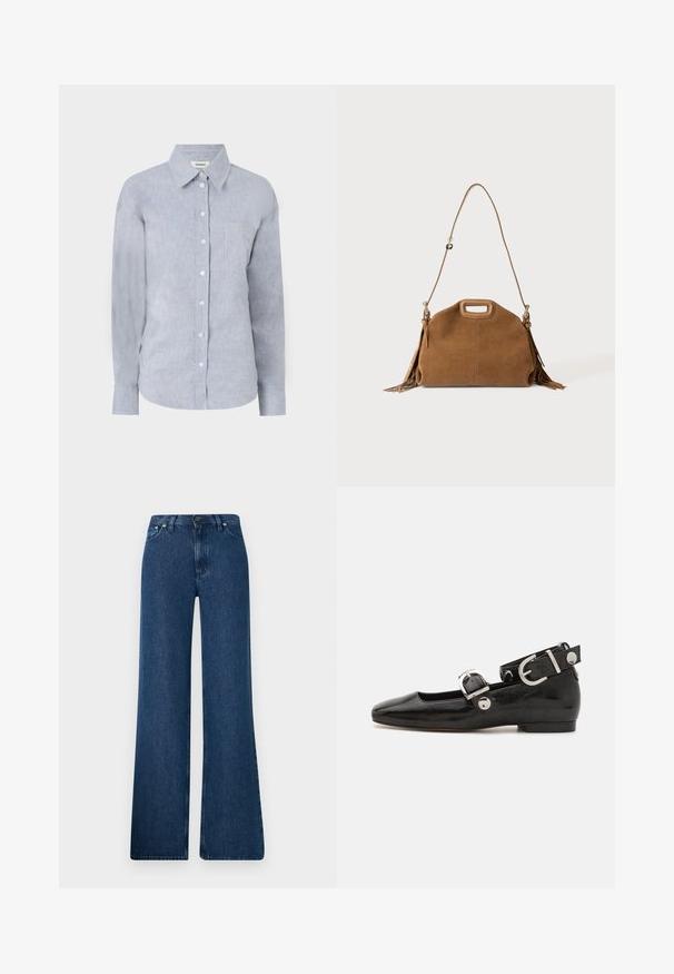 Lys blå skjorte med knapper i et tekstureret stof, med klassisk krave, lange ærmer og en enkelt brystlomme.; Blå denim flared jeans med høj talje, fem-lomme design og metalknaplukning. Glat tekstur, afslappet stil og minimal syning.; Sorte patenteret lædersko med firkantet tå, ankelrem med sølvhardware og flad sål. Glat tekstur med minimalistisk design.; Brun ruskindshåndtaske med topudskåret håndtag, lang justerbar skulderrem og frynser på begge sider.