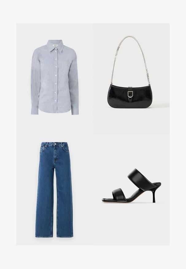 Lichtblauw overhemd met knopen in een textuurstof, met een klassieke kraag, lange mouwen en een enkele borstzak.; Blauwe hoge taille wijde pijpen jeans met sluiting met knoop en rits aan de voorkant, voorzakken en riemlussen op een witte achtergrond.; Zwarte leren mule sandaal met twee brede banden en een slanke, middelhoog stilettohak op een effen lichte achtergrond.; Zwarte lakleren schoudertas met een zilveren gespdetail en een zilveren kettingriem, getoond tegen een effen lichte achtergrond.