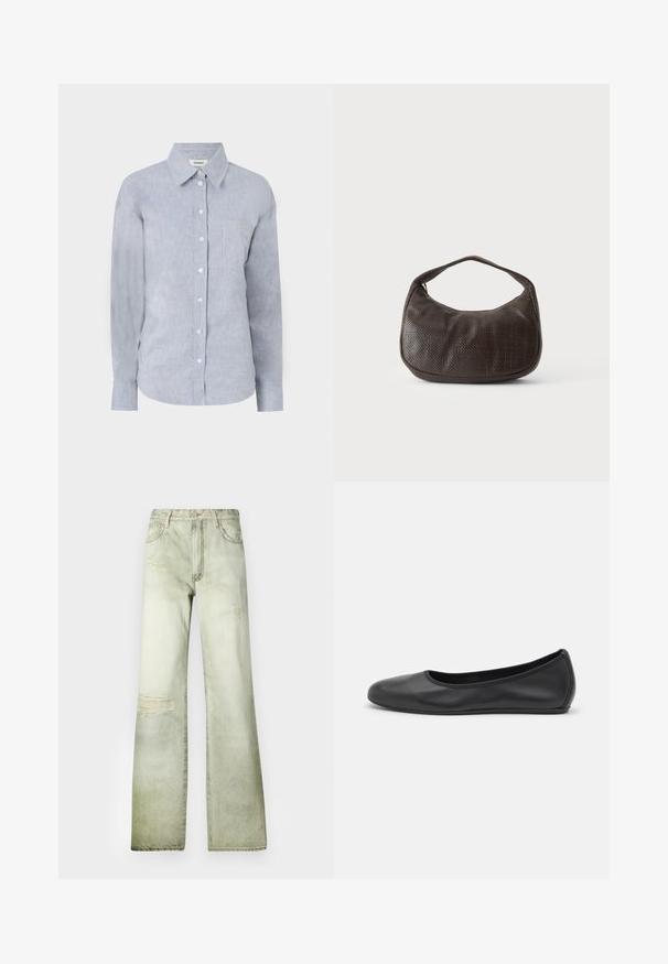 Hellblaues Hemd mit Knopfleiste aus strukturiertem Stoff, mit klassischem Kragen, langen Ärmeln und einer einzelnen Brusttasche.; Ausgebleichte grüne Jeans mit hoher Taille, weitem Bein und abgewetzten Patches. Mit Knopfverschluss und fünf Taschen ausgestattet.; Schwarze Leder-Ballettschuhe mit abgerundeter Spitze, glatter Textur, minimalen Nähdetails und einem flexiblen Sohlen-Design.; Kleine dunkelbraune strukturierte Handtasche mit kurzem Trageriemen und abgerundetem Boden auf schlichtem hellem Hintergrund.