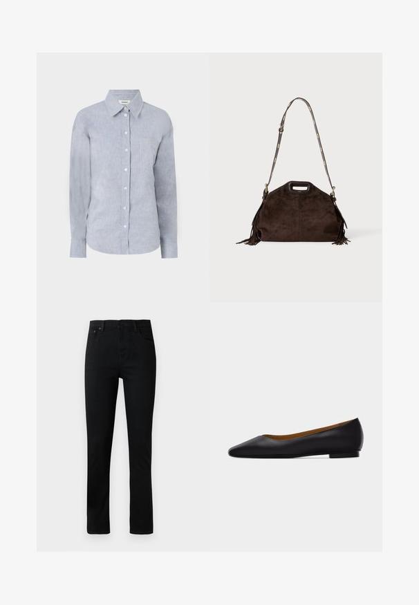 Lys blå skjorte med knapper i et tekstureret stof, med klassisk krave, lange ærmer og en enkelt brystlomme.; Sorte denimjeans med lige ben, der har en knappestolpe, fem lommer og diskrete syninger. Glat tekstur, klassisk design.; Sort læder flad sko med spids tå, lav hæl og glat finish, vist fra siden på en lysegrå baggrund.; Mørkebrun ruskindstaske med topudskåret håndtag, justerbar skulderrem med gulddetaljer og frynser i siderne.