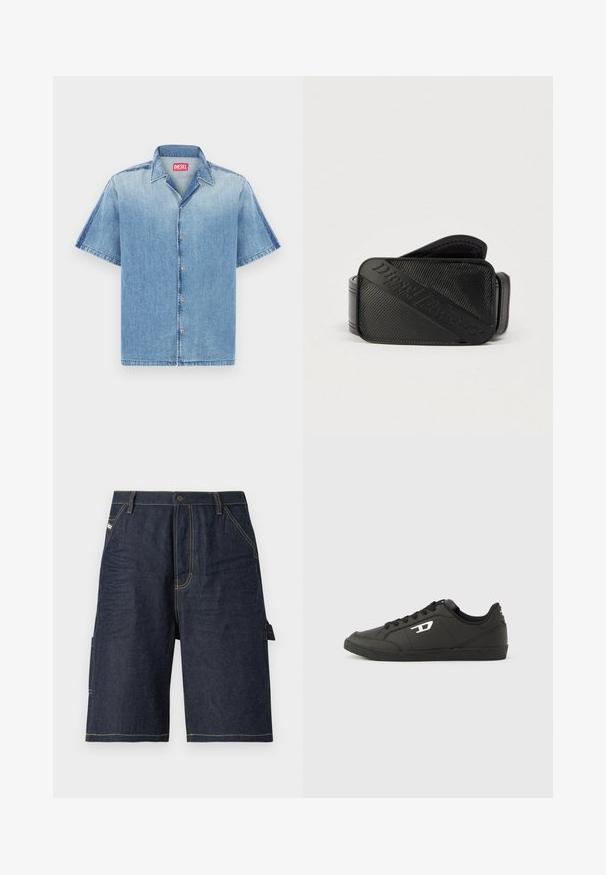 Chemise en jean à manches courtes bleu clair avec bords effilochés, boutons sur le devant et col pointu. Présente une étiquette de marque rouge au niveau du cou.; Shorts en denim bleu foncé avec une coupe droite, cinq poches, des détails de couture jaune et une poche latérale pour une fonctionnalité supplémentaire.; Baskets synthétiques noires avec une semelle noire texturée, un bout rond et des lacets plats noirs. Logo blanc remarquablement placé sur le côté extérieur.; Ceinture noire présentant un design texturé avec un logo en relief bien visible. Le matériau semble lisse avec une finition en cuir.