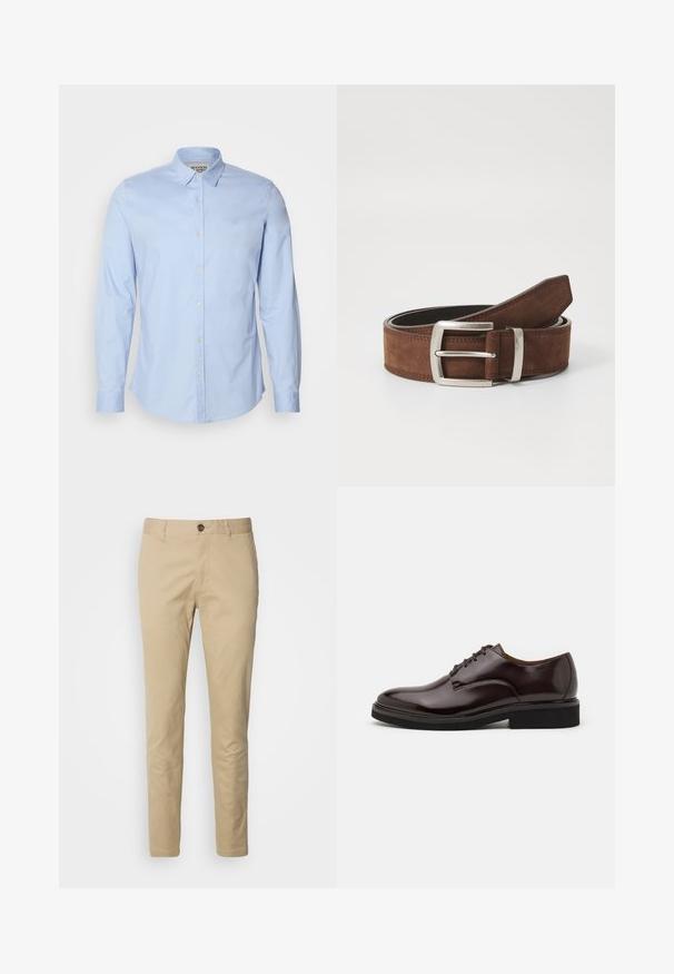 Camisa de manga larga azul claro, hecha de algodón, que cuenta con un cuello abotonado, botones frontales y un logo sutil bordado en el pecho.; Chinos beige con cierre de botón, corte ajustado y tejido de algodón suave. Presenta detalles de costura y un diseño estándar de cinco bolsillos.; Zapato Oxford de cuero marrón con acabado brillante, punta redonda, diseño con cordones y suela gruesa de goma negra. Detalle de costura en la parte superior.; Cinturón de ante marrón con hebilla de metal plateado y detalle de costuras lineales. El cinturón es plano y tiene un ancho y una forma clásicos.
