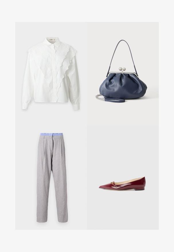 Blusa blanca de manga larga con cuello puntiagudo y detalles de encaje en forma de V en la parte delantera y las mangas, mostrada sobre un fondo liso.; Pantalones de lino gris claro con pliegues, cinturilla de patrón azul, diseño de pierna ajustada y cierre de botón. Textura suave, tejido ligero.; Bailarinas de charol burdeos con punta afilada, que presentan un pequeño detalle de corte y un tacón bajo. Textura suave y diseño elegante.; Bolso de mano de cuero azul marino suave con cierre de broche plateado, una correa de hombro y correa de cadena desmontable para la muñeca sobre fondo blanco.