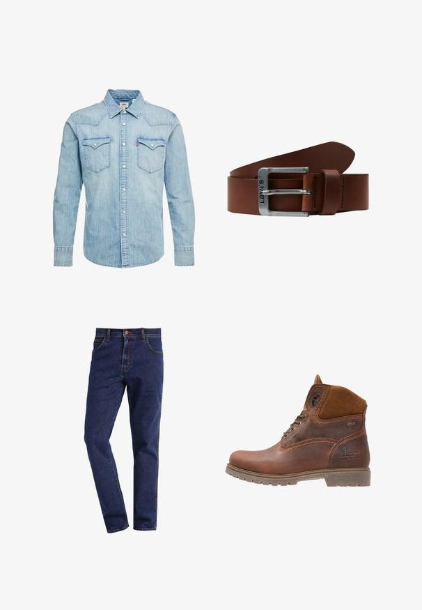 Levi's® BARSTOW WESTERN STANDARD - Hemd - red cast stone; Dunkelblaue gerade geschnittene Denim-Jeans mit Vordertaschen, Knopfverschluss, Gürtelschlaufen und sichtbaren Nähten.; Braune Leder-Ankle-Boots mit Wildlederakzenten, runder Zehenpartie, schnürbarem Vorderteil, robuster Sohle und geprägtem Logo-Detail an der Seite.; Brauner Ledergürtel mit einer rechteckigen silbernen Metallschnalle. Der Gürtel hat eine glatte Textur und dezente Nähte entlang der Kanten.