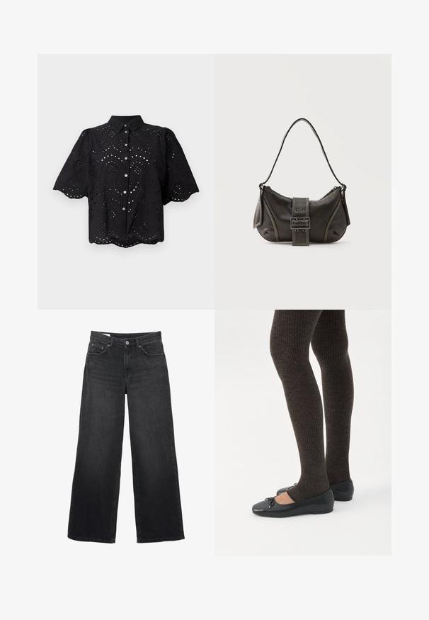 Schwarzes Kurzarmhemd mit Lochstickerei, gewelltem Saum und Knopfverschluss. Leichter Stoff mit floralem Durchbruchsdesign.; Schwarze Jeans mit weitem Bein und hoher Taille, vorne mit Knopf- und Reißverschluss, Gürtelschlaufen und Fünf-Taschen-Design.; Beine in dunklen, gerippten Leggings kombiniert mit schwarzen Ballerinas mit kleinen Schleifendetails auf weißem Hintergrund.; Schwarze Leder-Schultertasche mit Schnallengurt-Detail, abgerundeten Kanten und kontrastierenden weißen Nähten auf schlichtem Hintergrund.