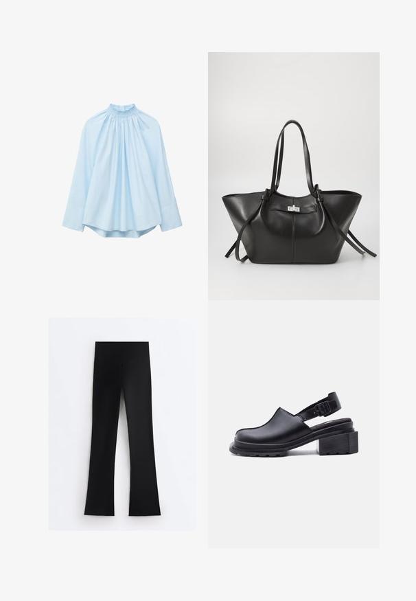 Hellblaue langärmlige Bluse mit hohem, gerafftem Kragen und lockerem, fließendem Schnitt.; Schwarze Leggings mit hoher Taille und breitem Bund, geradem Beinanschnitt, flach auf weißem Hintergrund dargestellt.; Schwarzer Slingback-Schuh aus Leder mit geschlossenem Zehenbereich, verstellbarem Schnallenriemen, klobigem flachem Absatz und strukturierter Sohle auf weißem Hintergrund.; Schwarze Leder-Tote-Tasche mit breiter, dreieckiger Form. Ausgestattet mit einem eleganten metallischen Verschluss, langen Tragegriffen und glatter Oberfläche.