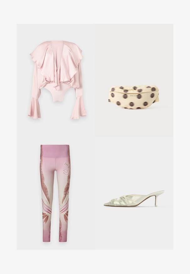 Body de satén rosa claro con escote profundo en V, cuello con volantes sobredimensionados y mangas largas acampanadas.; Leggings rosas con un diseño degradado de claro a oscuro, con patrones florales y acentos decorativos en los laterales. Textura suave.; Mule de satén blanco con punta afilada, detalles fruncidos y tacón medio y delgado sobre un fondo liso.; Riñonera de tela beige con lunares negros difuminados y "STINE GOYA" impreso en letras pequeñas negras en la parte delantera.