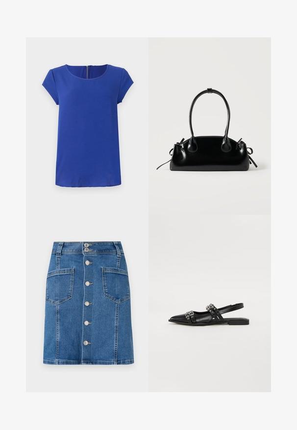 Sinine lühikeste varrukatega top, mis on valmistatud siledast kangast. Omab ümmargust kaelust ja peidetud tõmblukk tagaküljel. Sirge äär.; Denim seelik kinnise vöökohtaga, A-line-kujuga ja eest nupuga sulgemisega. Omab kahte suurt taskut, keskmise sinise pesu ja kergete kulumismärgiga.; Even&Odd Kannarihmaga baleriinad - black; Väike must läikiv käekott kahe pika sangaga ja külgedel paelakinnitustega, ühel lihtsal helel taustal.