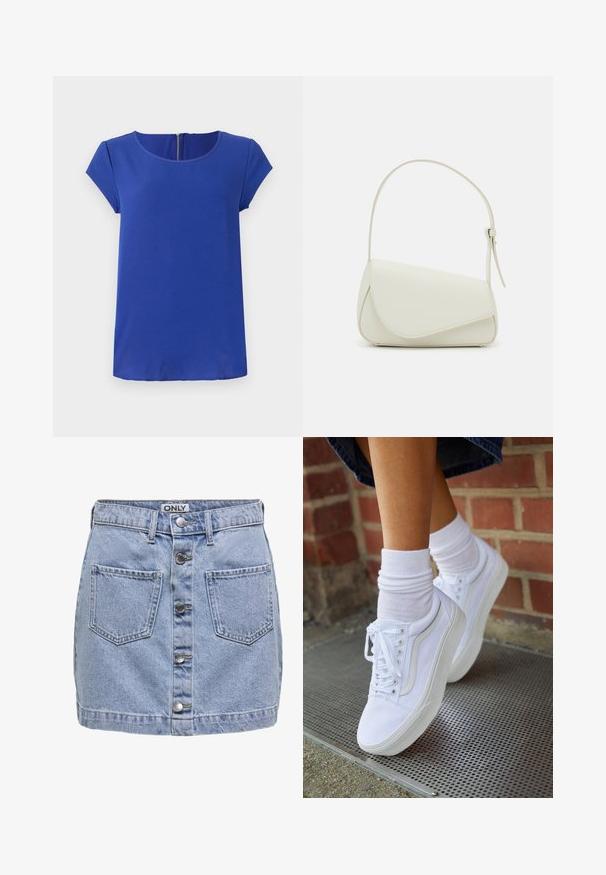 Haut court à manches courtes en tissu lisse. Doté d'un col rond et d'une fermeture éclair dissimulée à l'arrière. Ourlet droit.; Mini-jupe en denim bleu clair, avec cinq boutons sur le devant, deux poches plaquées et une texture légèrement déchirée. L'étiquette indique "ONLY."; Baskets en toile blanches avec semelles en caoutchouc, dotées de six œillets, d'un bout rond et de détails de couture légers, portées avec des chaussettes blanches mi-mollet.; Sac à main en cuir synthétique blanc avec une forme triangulaire structurée, une bandoulière unique réglable et un rabat à courbes accentuées.