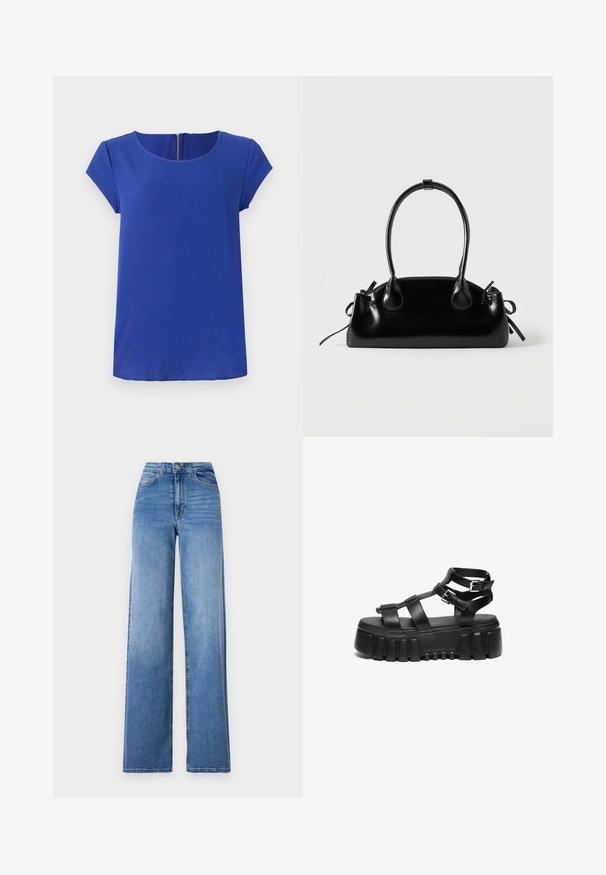 Blaues Kurzarmtop aus glattem Stoff. Mit Rundhalskragen und einem verdeckten Reißverschluss im Rücken. Gerade Saumlinie.; Helleblaue, weit geschnittene Jeans aus Denim mit hoher Taille, Vorderaschen und einem normalen Knopfverschluss. Glatte Textur.; Schwarze Plateausandalen verfügen über geschichtete Riemen und Schnallenakzente, mit einer klobigen, strukturierten Sohle und einem glatten Fußbett-Design.; Kleine schwarze glänzende Handtasche mit zwei langen Griffen und seitlichen Kordelzug-Details vor einfachem hellem Hintergrund.