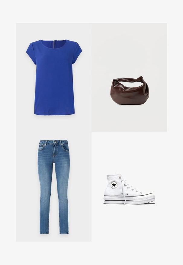 Blaues Kurzarmtop aus glattem Stoff. Mit Rundhalskragen und einem verdeckten Reißverschluss im Rücken. Gerade Saumlinie.; Schlanke Jeans aus blauem Denim mit einem verwaschenen Finish, ausgestattet mit fünf Taschen, Gürtelschlaufen und einem Reißverschluss mit Knopfverschluss.; Weißer Converse Chuck Taylor All Star High-Top-Sneaker mit schwarzem Logo-Patch und weißen Schnürsenkeln, dargestellt auf weißem Hintergrund.; Dunkelbraune Lederschultertasche mit weicher, lockerer Form und einem gedrehten Knotengriff vor schlichtem weißem Hintergrund.
