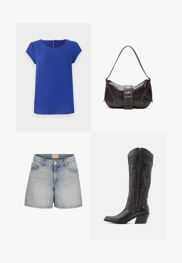 Blå kortærmet top lavet af glat stof. Har en rund halsudskæring og en skjult lynlås bagpå. Lige kant.; Lysblå denimshorts med høj talje, der har knaplukning, fem lommer og subtilt slid for et struktureret look.; Brune læder cowboystøvler med flammebroderi, sidelukning med lynlås, sølvnitter, spids snude og lagdelt hæl.; Brun læder skuldertaske med en buet form, der har et fremtrædende spænde, kontrasterende syninger og en enkelt skulderrem.