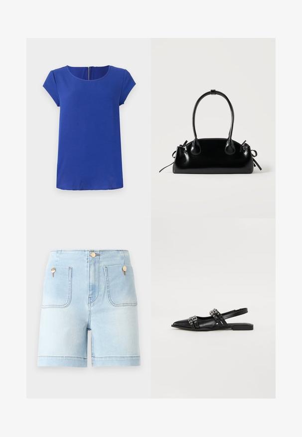 Blaues Kurzarmtop aus glattem Stoff. Mit Rundhalskragen und einem verdeckten Reißverschluss im Rücken. Gerade Saumlinie.; Hellblaue Denim-Shorts mit hoher Taille, ausgestattet mit zwei Fronttaschen, goldenen Hardware-Details und einem sauberen Saum.; Even&Odd by Zalando Sling-Ballerina - black; Kleine schwarze glänzende Handtasche mit zwei langen Griffen und seitlichen Kordelzug-Details vor einfachem hellem Hintergrund.