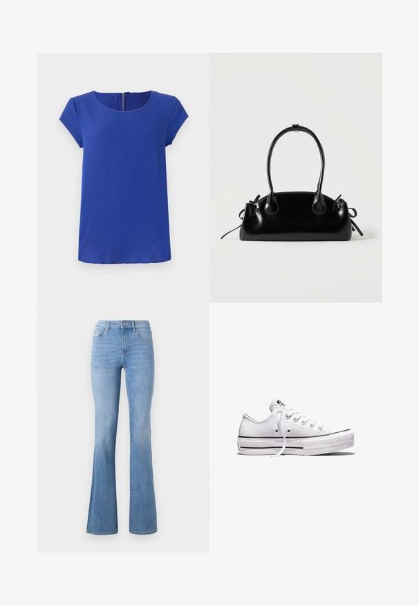 Blå kortærmet top lavet af glat stof. Har en rund halsudskæring og en skjult lynlås bagpå. Lige kant.; Lysblå flagrende jeans med mellemhøj talje, klassisk fem-lomme design og subtil fading langs benene. Denim stoftekstur.; Lavtop hvid lærredsneaker med hvide snørebånd, gummisål, sorte stribedetaljer og logo-patch på tungen og hælen.; Lille sort blank håndtaske med to lange håndtag og snøre-detaljer i siden på en ensfarvet lys baggrund.