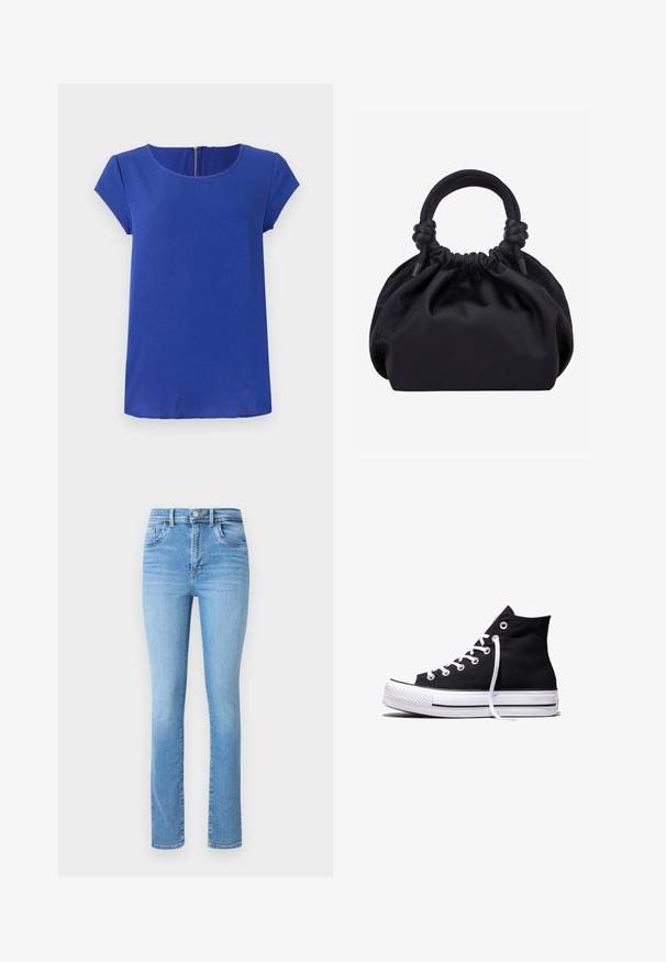 Blaues Kurzarmtop aus glattem Stoff. Mit Rundhalskragen und einem verdeckten Reißverschluss im Rücken. Gerade Saumlinie.; Helle blaue Denim-Jeans mit geradem Bein, hohem Bund, traditioneller fünf Taschen-Optik und dezenten Ausbleichungen.; Schwarzer High-Top-Canvas-Sneaker mit weißer Gummisohle und weißen Schnürsenkeln, seitlich dargestellt vor weißem Hintergrund.; Schwarze weiche Stoffhandtasche mit gerafftem oberen Rand und runden, gepolsterten Griffen, die auf jeder Seite mit Knoten gebunden sind.