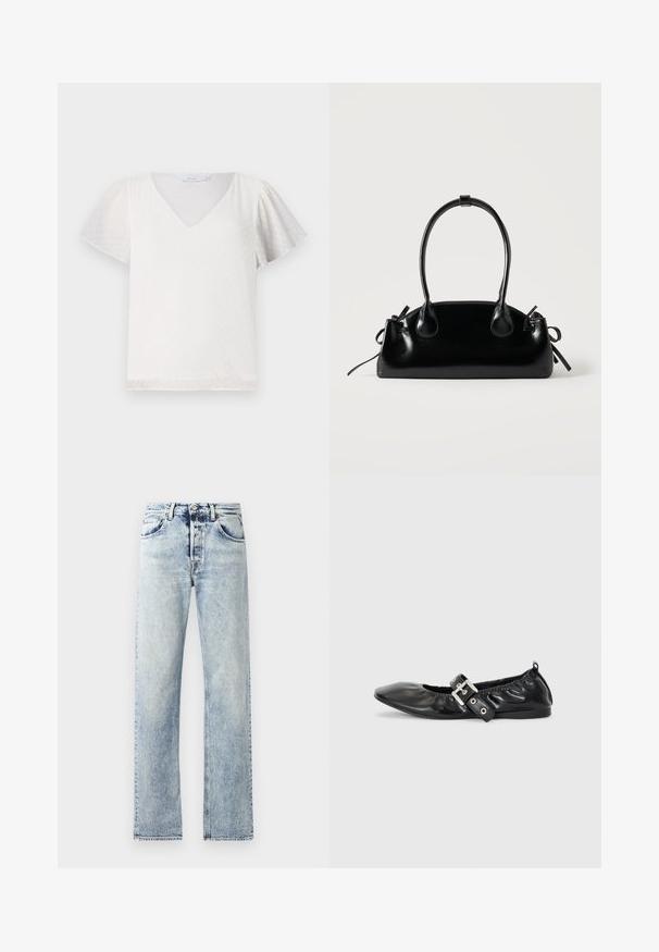 Witte top met korte mouwen en een V-hals, voorzien van een gestructureerd stippenpatroon en zachte, licht geplooide mouwen. Glad katoen en een losse pasvorm.; Lichtblauwe denim jeans met een rechte pijp design. Kenmerken zijn onder andere vijf zakken, riemlussen en een rafelige zoom aan de onderkant.; Zwarte leren platte schoen met een spitse neus, geplooide details rond de opening en een zilveren gespaccentueerde verstelbare band.; Kleine zwarte glanzende handtas met twee lange hengsels en zijkant trekkoord details op een effen lichte achtergrond.