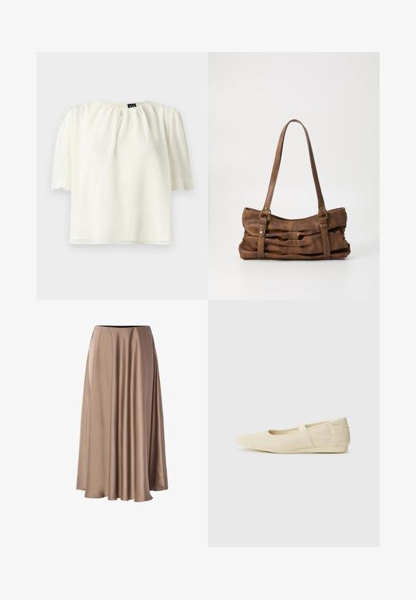 Blusa blanca de manga corta con escote fruncido y bordes de las mangas con bordado y acabado en ondas, mostrada sobre un fondo liso.; Larga falda en línea A hecha de una tela suave y brillante en un color beige claro. Presenta una cintura elástica y un diseño drapeado y fluido.; Bailarinas beige con un exterior de cuero liso, punta en forma de almendra y una correa elástica en el empeine, con detalles de costura sutiles.; Even&Odd Bolso de mano - brown